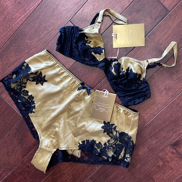 NWT Agent Provocateur Soirée Nayeli Gold Black Silk French Brief M - Picture 2 of 5